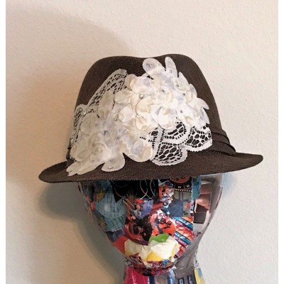 's HandDecorated Brown Straw Fedora Hat Decorated with Cream Lace  eb-84776611